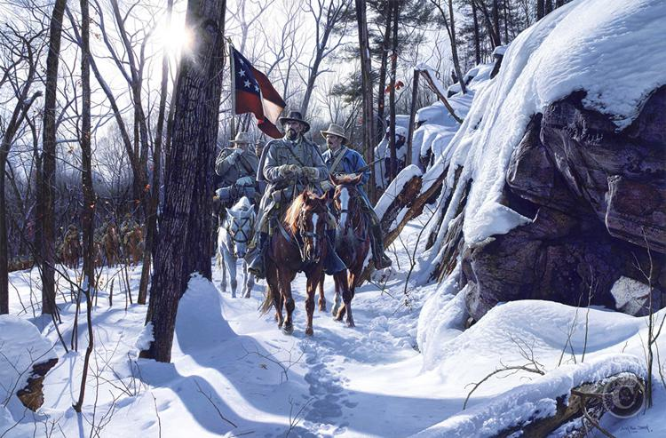 Nathan Bedford Forrest leading his cavalry out of Fort Donelson after refusing to surrender, February 1862